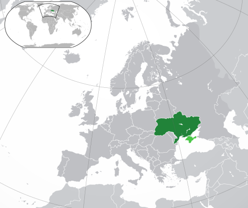 Location of Ukraine, with the disputed region of Crimea highlighted in a lighter shade of green. Courtesy of Wikimedia Commons.